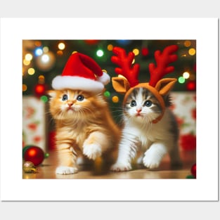 Cute kittens with Santa Claus and reindeer hats and Christmas tree Posters and Art